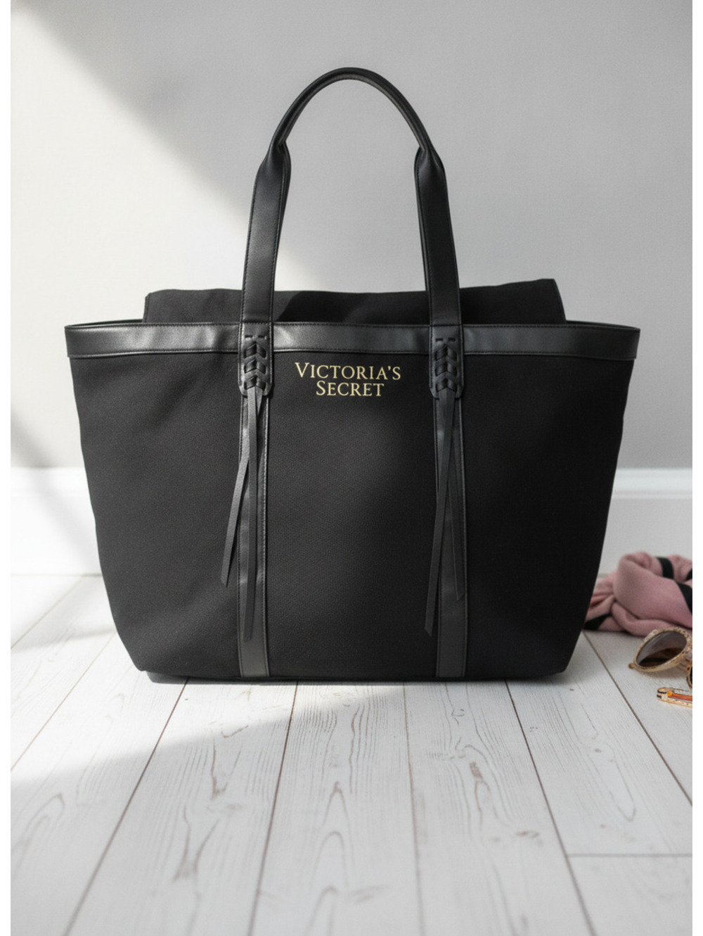 Victoria's Secret Black Canvas Tote Bag with Leather Handles